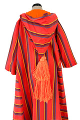 Incredible 1960s Josefa Striped Cotton Caftan Dress w Hood & Huge Orange Yarn Tassel Detailing
