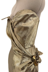 Fabulous c.1986 Thierry Mugler Strapless Metallic Gold Lurex Mini Dress w Buckle Detail