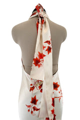 Spectacular Spring 2007 Roberto Cavalli Ivory & Coral Print Bias Cut Silk Dress w Twisted Halter Front & Low Back