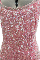 Prettiest 1980s Oleg Cassini Pink Silk Dress Covered in Iridescent Sequins w Silver Tube Bead Detailing & Trim