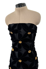 Spectacular 1980s Hubert de Givenchy Haute Couture Velvet Floral Cut Out Dress w Gold Metal Flowers