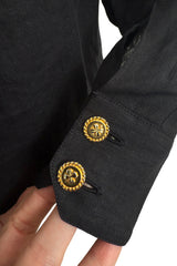 1980s Chanel by Karl Lagerfeld Oversized Black Linen Top w 14 x Four leaf Clover Buttons