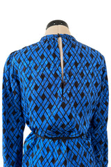 Divine Fall 1979 Yves Saint Laurent True Haute Couture Blue Silk Harlequin Print Dress w Ruffled Cuffs