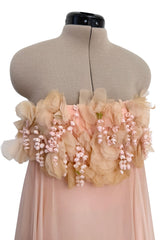 Prettiest 1960s Unlabeled Pale Pink Strapless Dress w Silk Chiffon & Flower Detailed Bodice
