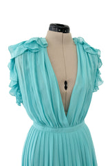 Prettiest Resort 2013 Gucci by Frida Giannini Runway Look 12 Turquoise Plunge Silk Chiffon Ruffle Dress