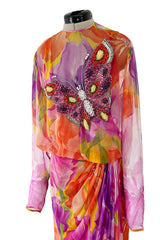 Extraordinary 1970s James Galanos Couture Floral Print Silk Chiffon Dress w Beaded Butterfly Detailing
