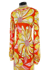 Gorgeous 1960s Emilio Pucci Brilliant Citrus Coloured Silk Jersey Dress w Huge Floral Print
