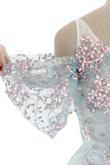 Dreamy Luisa Beccaria Pale Turquoise Net Off Shoulder Dress w Pink & Gold Embroidery
