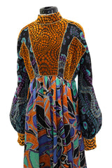 Spectacular 1970s Ronald Amey Demi-Couture Printed Silk, Silk Chiffon & Cut Velvet Dress