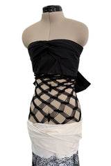 Fantastic Spring 2001 Jean Paul Gaultier Runway Multi Length Mesh Band Dress w Jersey Face Print Skirt
