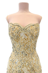 Fabulous 1950s Unlabeled Pearl, Bead & Feather Detailed Yellow Lace Dress w Matching Cape