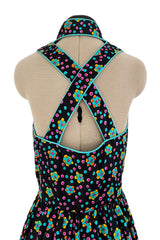 Prettiest Early 1970s Oscar de la Renta Floral Printed Halter Dress w Frog Knots & Open Back