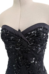 Fall 1992 Emanuel Ungaro Strapless Sequin SIlk & Lace Black Dress w Fringed & Beaded Hem