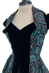 Spectacular 1940s Lilli Ann Teal & Brown Brodace & Velvet Dress w Looped Lame Detailing