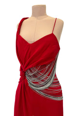 Fabulous 2000s Versace by Donatella Red Crepe Dress w Rhinestone & Silver Chain Detailing