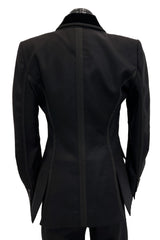 Chic Fall 2002 Yves Saint Laurent by Tom Ford Black Pant Suit w Velvet Trim & Curved Sleeves