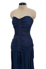 Fall 1985 Yves Saint Laurent Runway & Ad Campaign Blue Silk Jersey Tasselled Corset & Skirt Set