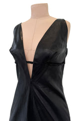 Exceptional Fall 2000 Richard Tyler Couture Plunging Front & Open Back Sculpted Black Ultrasoft Leather Dress