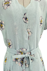 Prettiest 1930s Unlabeled Blue Handpainted Floral Dress Made of Unusual Woven Fabric