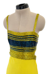 Exceptional 1960s James Galanos Yellow Silk Crepe w Blue & Yellow Beaded Back Cut Out Top