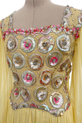 Incredible 1960s Tiziani Couture by Karl Lagerfeld Yellow Silk Chiffon Dress w Elaborate Beading
