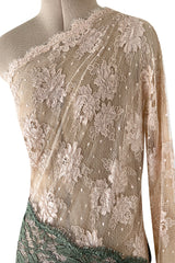 Dreamiest 1970s Geoffrey Beene One Shoulder Soft Blush Pink & Moss Green Corded Lace Dress