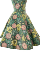 Gorgeous 1950s David Hart Organza Covered Cotton Floral Print Dress w Sequin Detailing
