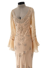 2000s Christian Dior by John Galliano Peach Silk Chiffon & Silver Beaded Bias Cut Dress