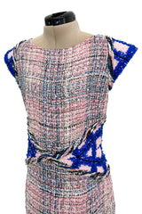 Incredible Spring 2018 Chanel by Karl Lagerfeld Runway Look 8 Pink & Blue Metallic Boucle Dress