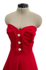 Prettiest 1980s Victor Costa Clear Red Strapless Dress w Full Skirt & Underskirts & Large Rhinestone Dome Buttons