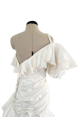 Spring 1988 Emanuel Ungaro Haute Couture Ivory Silk, Silk Net & Dotted Tulle One Shoulder Trained Mini Dress