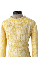 Prettiest 1960s Yves Saint Laurent Stoffler Fabrics Yellow Brocade Dress w Clear Beads
