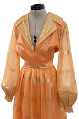 Prettiest 1960s Oscar De La Renta Peach Iridescent Silk Organza Dress w Gold Thread Detailing