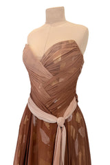Dreamiest Fall 1989 Bob Mackie Runway Silk Chiffon w Metallic Leaf Print Underlay Strapless Dress