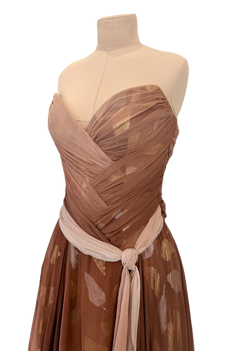 Dreamiest Fall 1989 Bob Mackie Runway Silk Chiffon w Metallic Leaf Print Underlay Strapless Dress