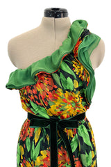 Prettiest 1970s James Galanos Couture Weightless One Shoulder Floral Silk Chiffon Dress