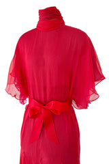 1970s Giorgio Sant'Angelo Red Silk ChiffonDress w Pink Silk Chiffon Lining & Prettiest Gusset Skirt