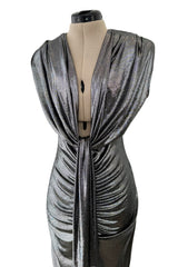 Fantastic 1990s Gianni Versace Metallic Silver Stretch Jersey Dress w Front Plunge & Long Tie