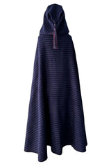 Fabulous Fall 1976 Yves Saint Laurent Striped Blue Wool Knee Length Cape w Hood & Tassel Detailing