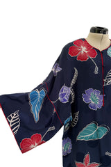 Easy-to-Wear 1980s Hanae Mori Printed Leaf & Flower Blue Silk Caftan Dress w Wide Sleeves