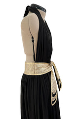 Documented 1981 Bill Tice Plunge Front Black & Gold Nylon Jersey Backless Halter Dress