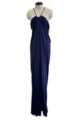 1976 Yuki by Gnyuki Torimaru Deep Blue Jersey Draped Halter Dress w its Matching Jersey Jacket