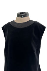 Minimalist 1960s Pierre Cardin Black Cotton Velvet Mod Shift Dress w Grosgrain Detailing