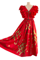 Rare Fall 1981 Fabrice Simon Couture Hand Painted Red & Gold Skirt & Top Dress Set