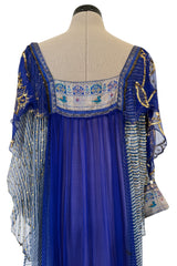 1960s Bloomingdales Label Royal Blue Silk Chiffon & Gold Thread Caftan