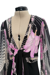 Prettiest 1970s Leonard Paris Printed Silk & Black Jersey Dress w Plunge Front & Silk Chiffon Sleeves