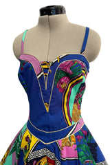 Iconic Spring 1992 Versace by Gianni Versace Jeans Couture Floral Print Full Skirt Halter Mini Dress