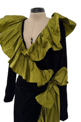 Amazing Fall 1984 Yves Saint Laurent Runway Black Velvet Wrap Dress w Olive Silk Taffeta Ruffles
