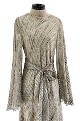Exceptional 1970s George Stavropoulos Couture Bias Cut Grey Ribbon Silk Chiffon Dress w Sash