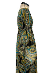 Rare 1960s Thea Porter Couture Printed Silk Chiffon Dress w Gold Sequins & Gold Metal Thread Detailing